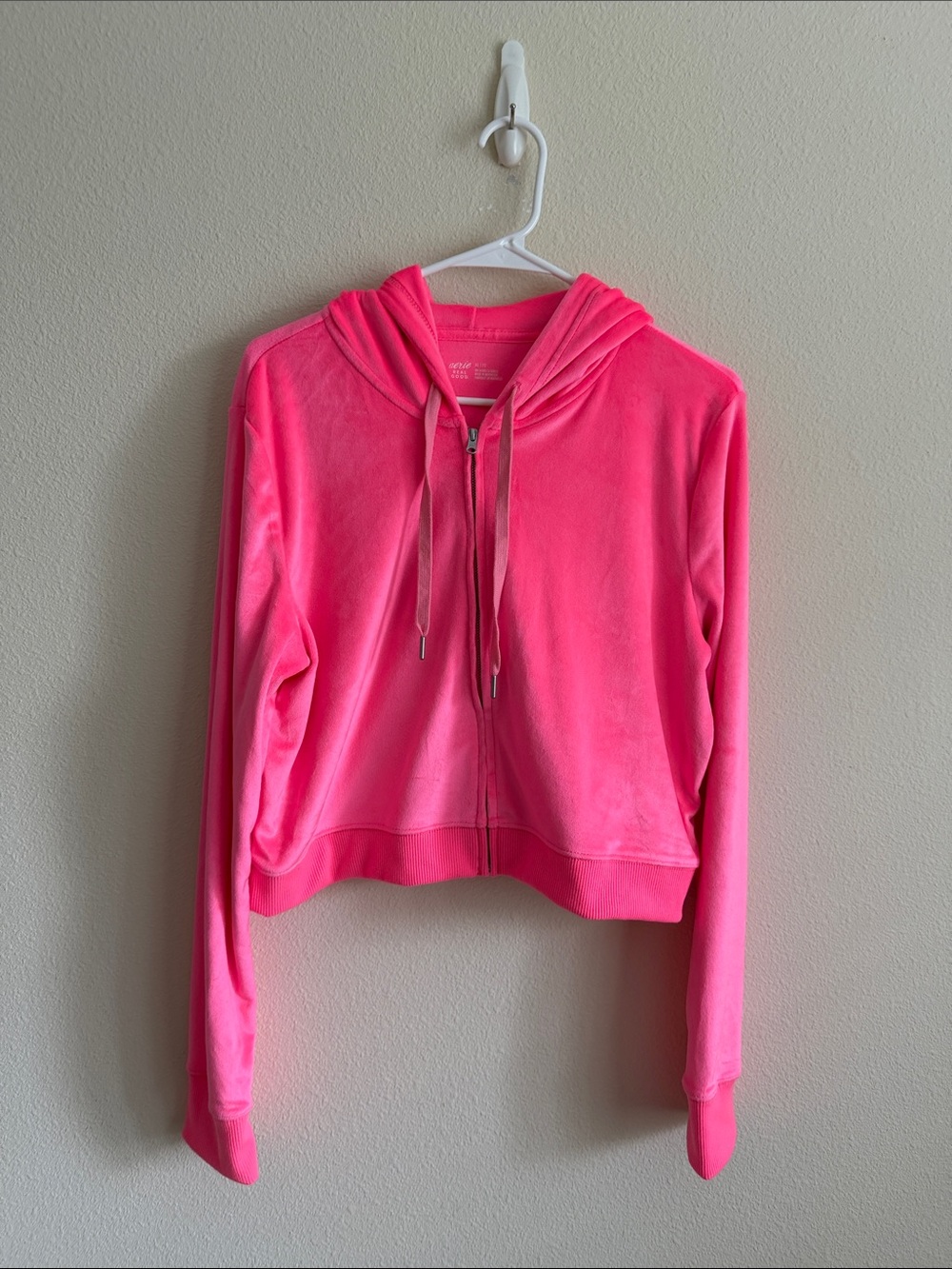 Aerie Cropped Pink Velour Zip-Up Hoodie